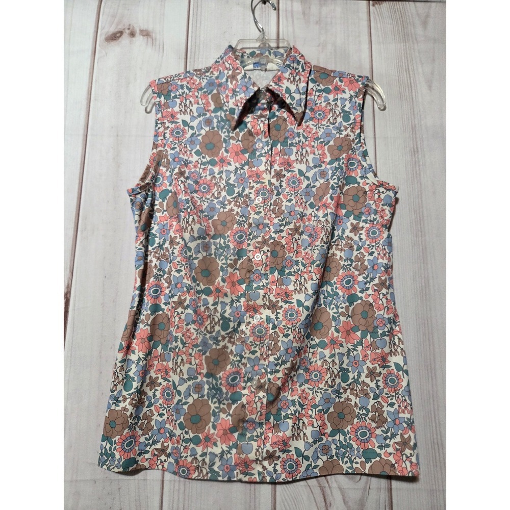Vintage Sears Perma-Prest Sleeveless Floral Blouse 70s Psychedelic Retro Top M